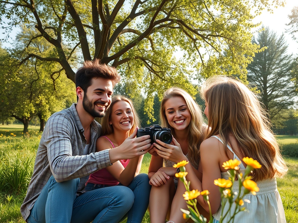 Четыре человека улыбаются и смотрят на камеру в солнечном парке, окружённые зеленью и цветами.
