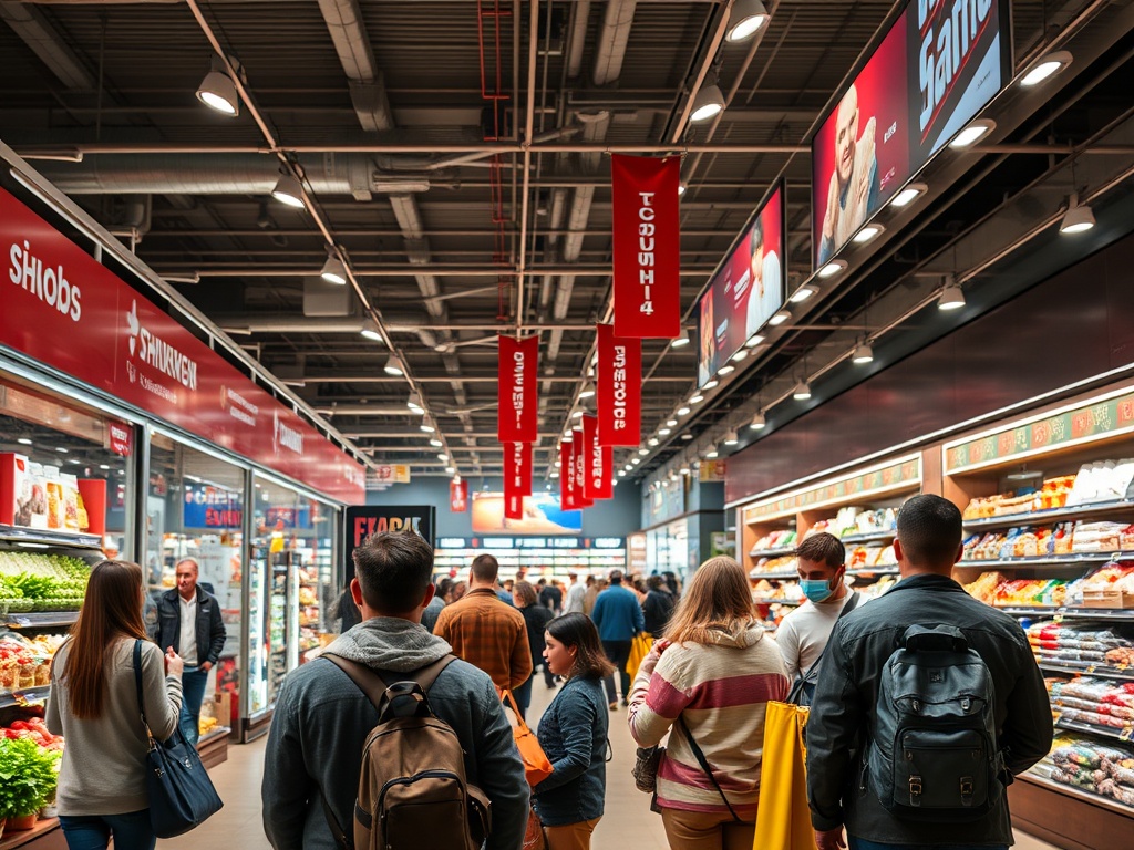 Люди в супермаркете выбирают продукты на полках в современном торговом центре. Яркое освещение и вывески.