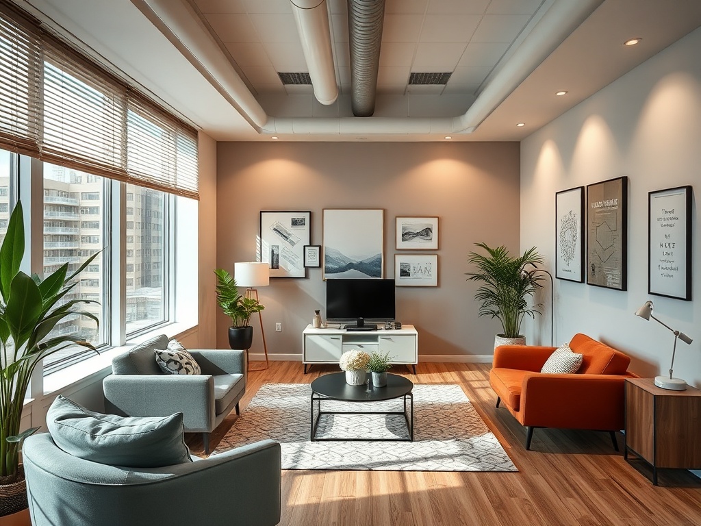 Современный уютный интерьер гостиной с окнами, мягкой мебелью и декоративными элементами.