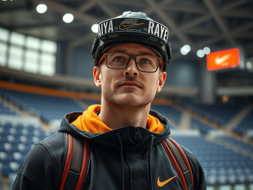 Молодой человек в спортивной одежде и очках, с рюкзаком на фоне стадиона. На его голове шлем с надписью.