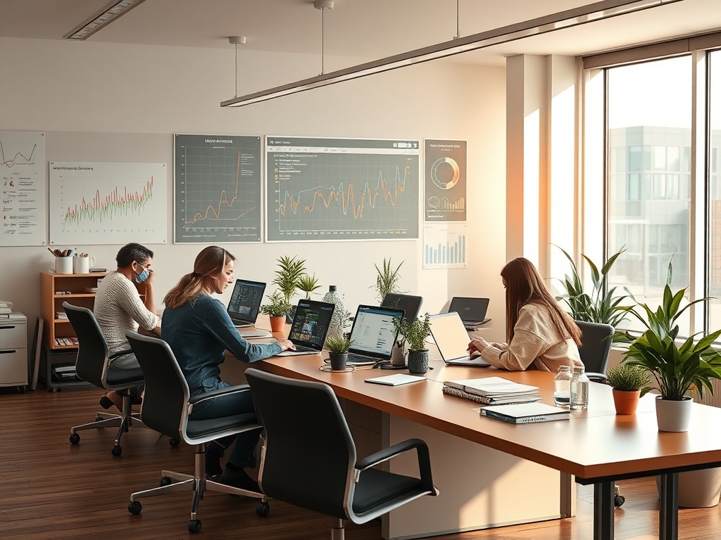 Современный офис с сотрудниками, работающими за компьютерами, с графиками на стенах и зелеными растениями.