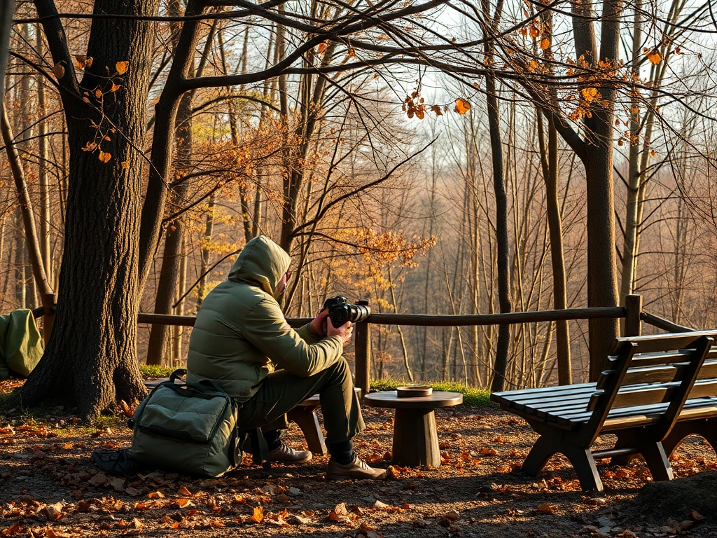 Человек в куртке сидит на скамейке в осеннем лесу и фотографирует с помощью камеры.
