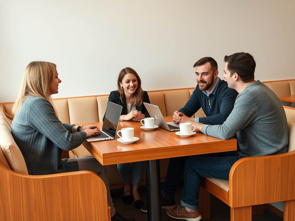 Четыре человека обсуждают идеи за столом в кафе, с ноутбуками и чашками кофе. Атмосфера дружелюбная.