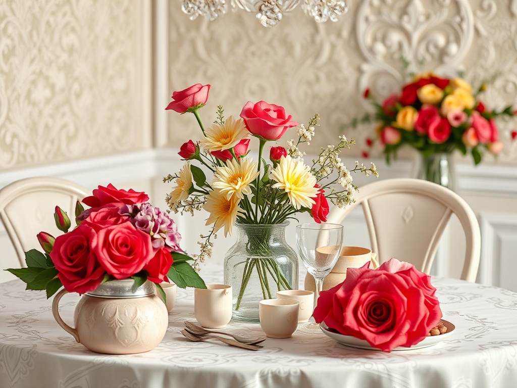 На столе цветы: розы и ромашки, чайник, чашки и сладости, уютный интерьер.