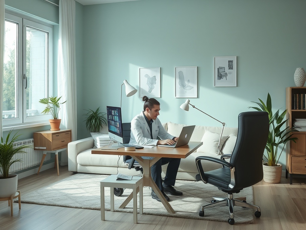 Мужчина работает за столом в светлом офисе с растениями и уютной мебелью. На экране компьютер.