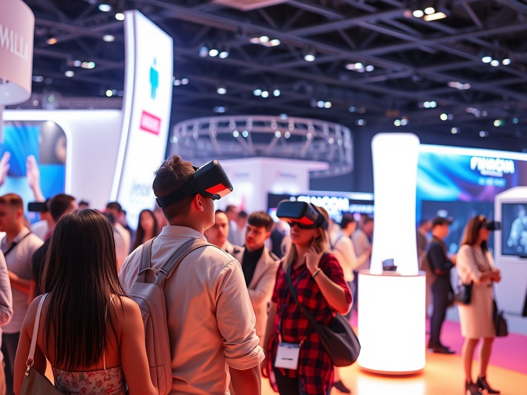 На выставке люди пробуют виртуальную реальность, много стендов и посетителей.