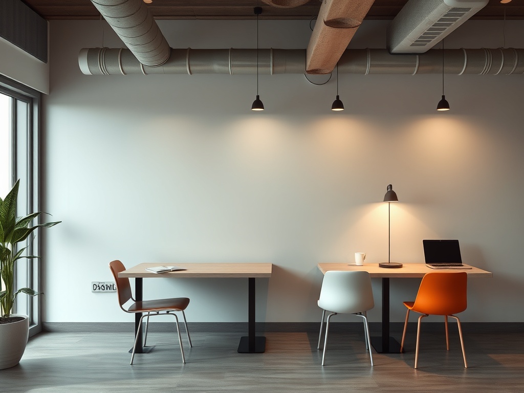 Современный офис с двумя столами, стульями и лампой, растением на окне и ноутбуком.