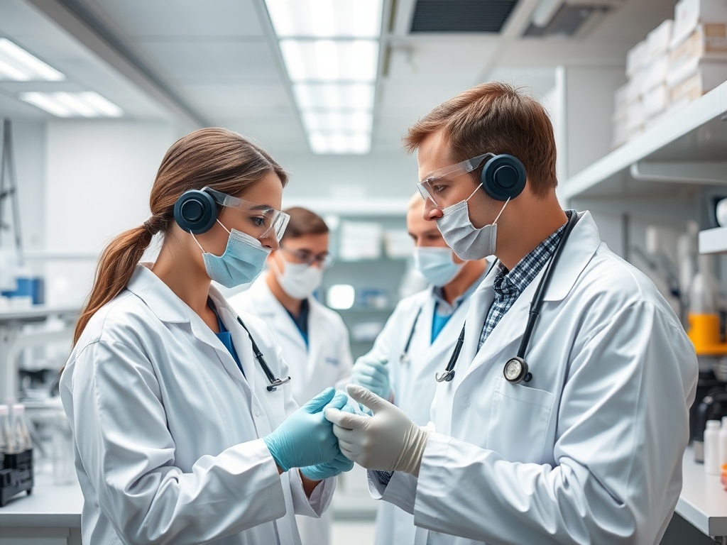 Четыре человека в белых халатах и защитных масках работают в лаборатории, обсуждая научные данные.