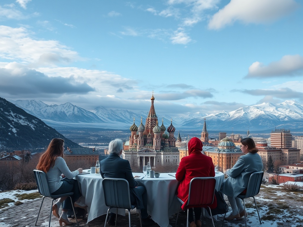 Четыре человека сидят за столом с видом на Собор Василия Блаженного и снежные горы.