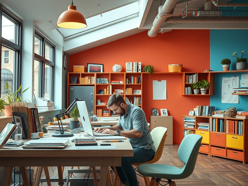 Человек работает за столом в уютном офисе с яркими стенами и множеством книг и растений.