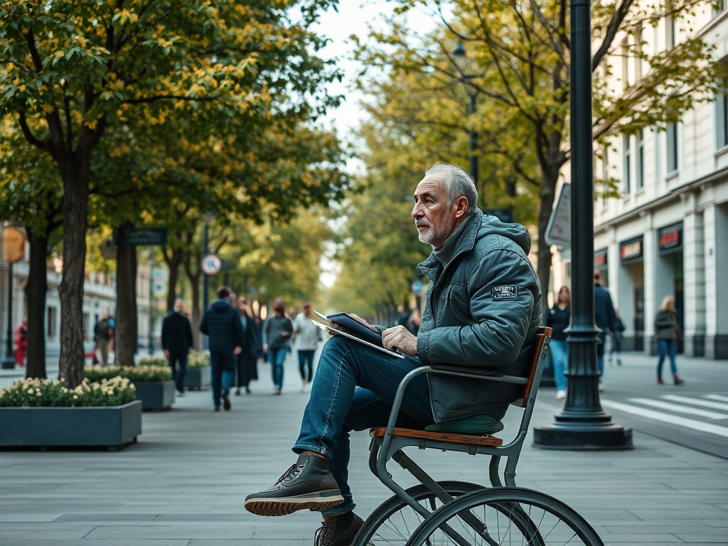 Пожилой мужчина сидит на улице в кресле-качалке, окружённый зелеными деревьями и прохожими.
