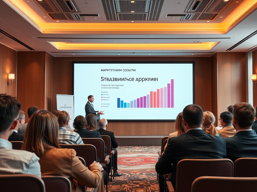 На презентации показывают график роста маркетинговых показателей с выступающим спикером. 