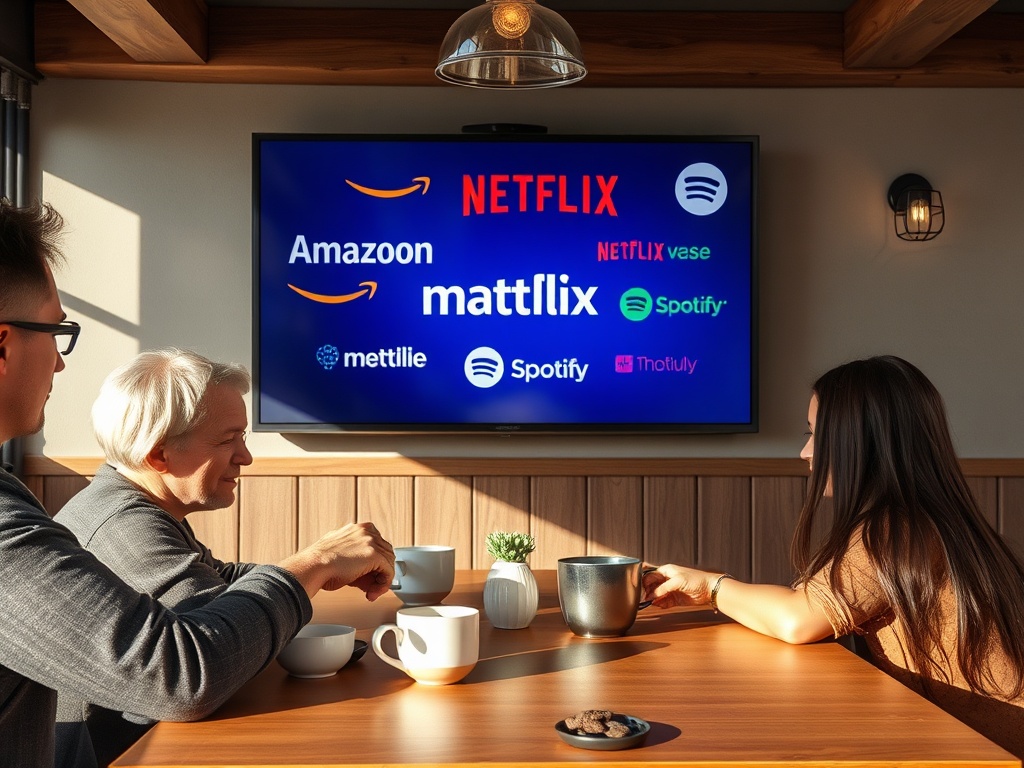 На экране телевизора логотипы стриминговых сервисов, люди наслаждаются временем за столом.