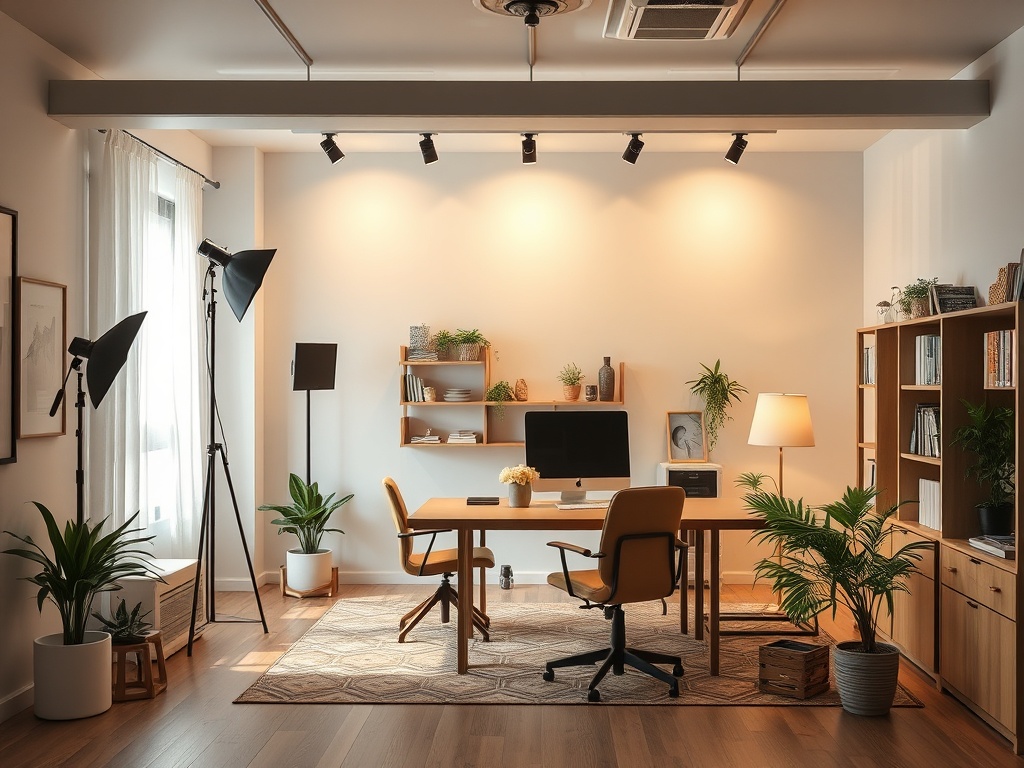 Современный офис с деревянной мебелью, растениями и листовыми светильниками. Уютная атмосфера для работы.