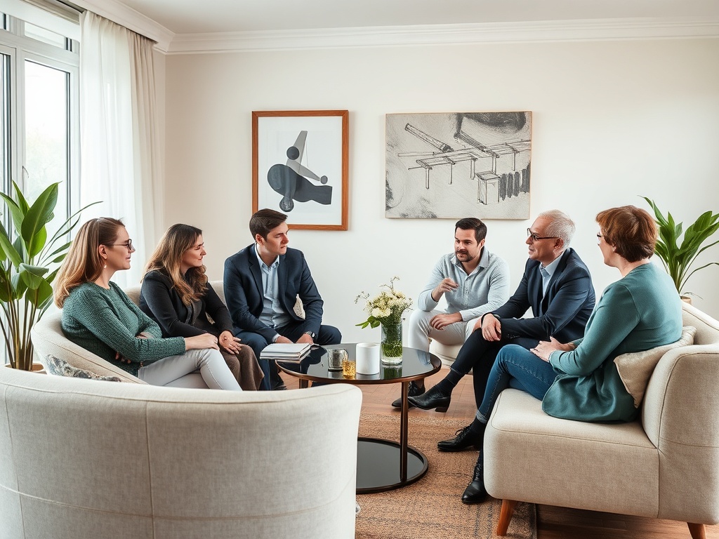 Группа людей обсуждает идеи в уютной комнате с мягкой мебелью и современным искусством на стенах.