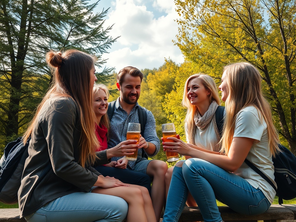 Группа друзей наслаждается напитками на свежем воздухе, окруженная зелеными деревьями и солнечным светом.