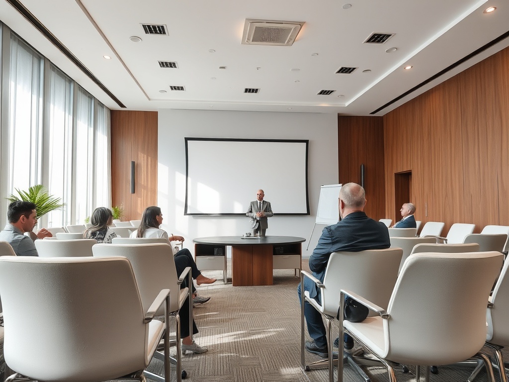 На собрании в светлом офисе человек выступает перед слушателями. Тележка и экран для презентации.