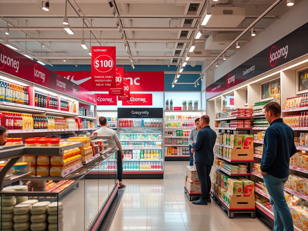 Супермаркет с разнообразными продуктами на полках, покупатели выбирают товары в ярком интерьере.