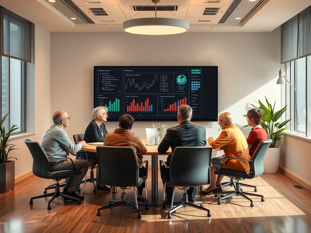 Группа людей на деловой встрече в офисе, обсуждающих данные, представленные на экране.