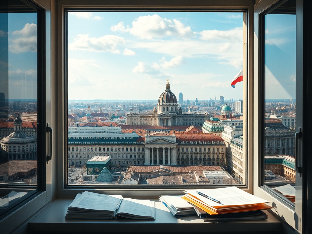 Вид на город из окна с открытыми документами на столе. Яркое небо и исторические здания на горизонте.