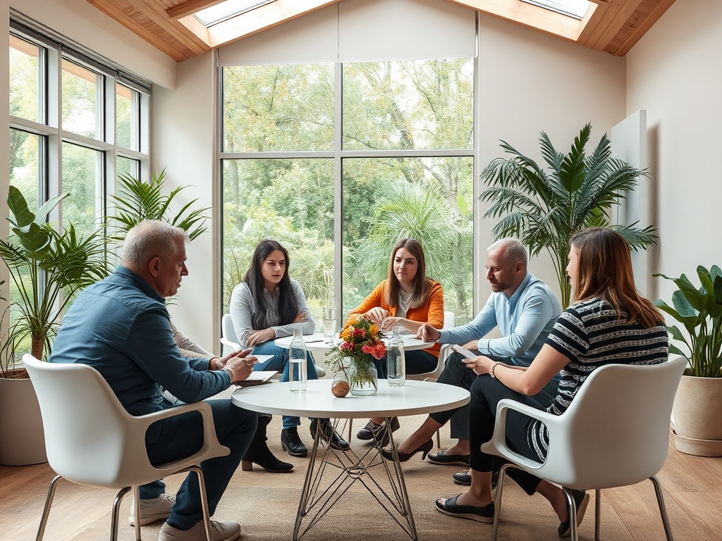 Группа из пяти человек обсуждает вопросы за круглым столом в светлом помещении с растениями.