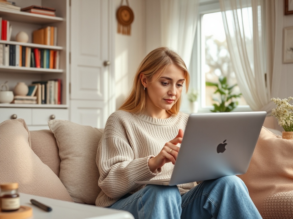 Молодая женщина в светлом свитере сидит на диване и работает на ноутбуке в уютной комнате.