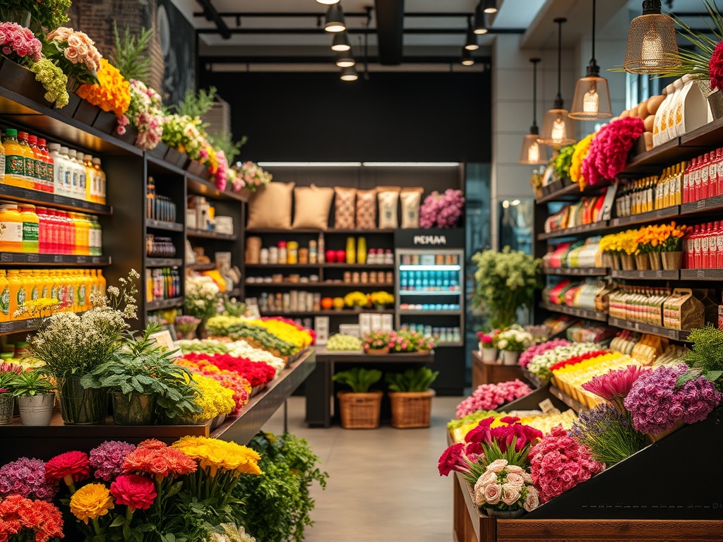 Яркий магазин с цветами, напитками и продуктами на полках, создающий уютную атмосферу.
