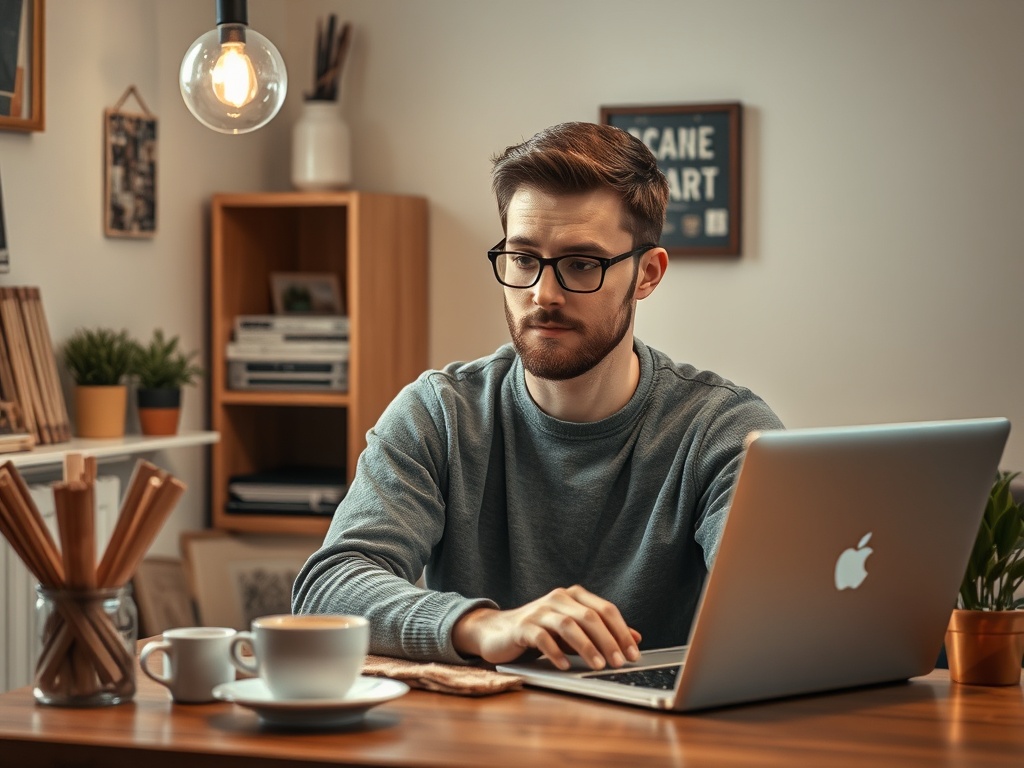 Молодой человек за работой на ноутбуке в уютном офисе, пью кофе и сосредоточен на экране.