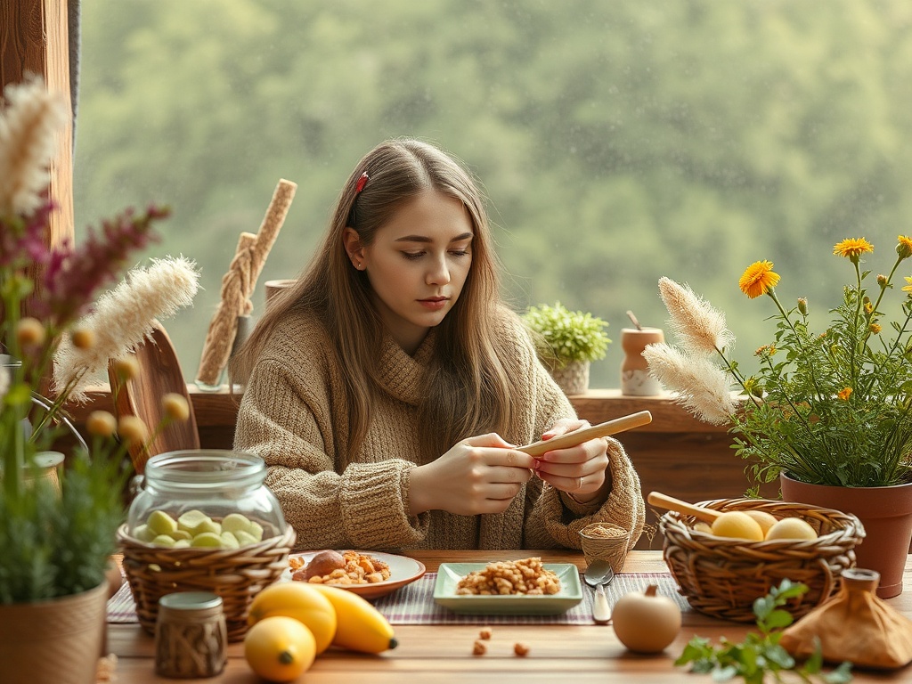 Девушка в уютном свитере готовит блюда на деревянном столе, окруженном фруктами и цветами.