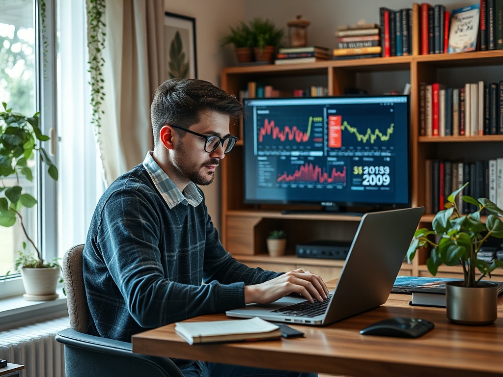 Молодой человек работает за компьютером в домашнем офисе, рядом с растениями и экраном с графиками.