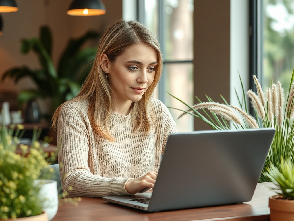 Молодая женщина сидит за столом, работает на ноутбуке, вокруг зелёные растения и уютная обстановка.