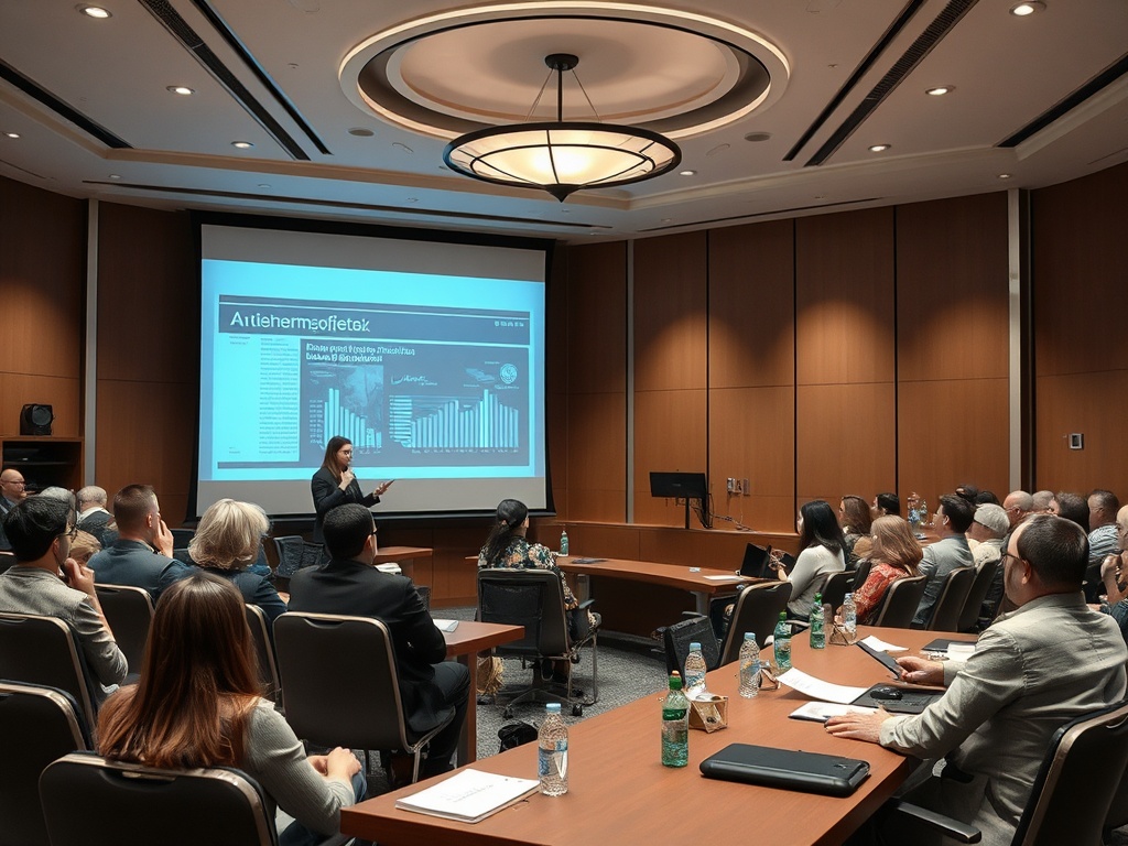 На собрании человек представляет информацию, участники слушают и смотрят на экран с графиками.