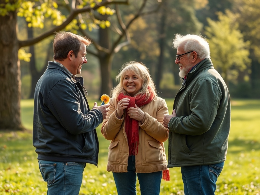 Трое людей беседуют на природе, улыбаются и держат цветы. Солнечное утро, зеленая трава вокруг.