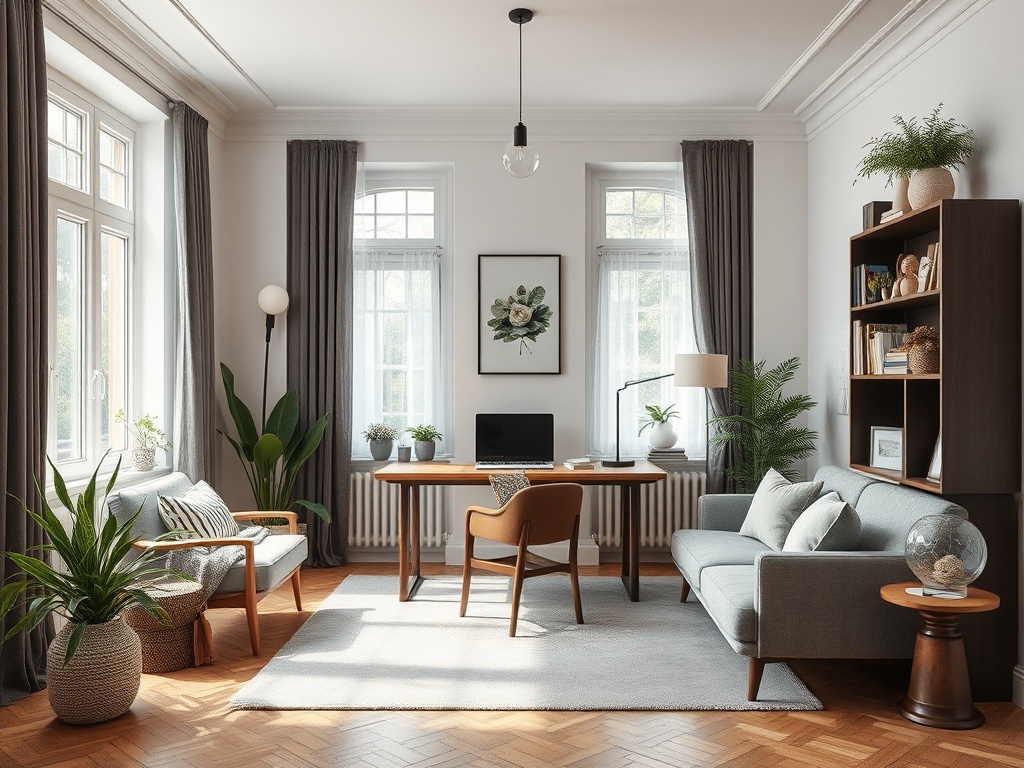 Светлая комната с мебелью: стол, стулья, диван и растения, уютная атмосфера для работы и отдыха.