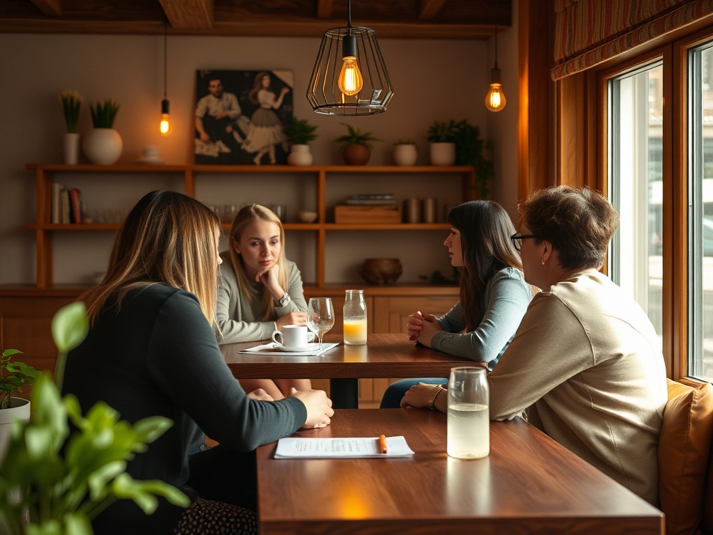 Четыре женщины обсуждают что-то за столом в уютном кафе с растениями и освещением.