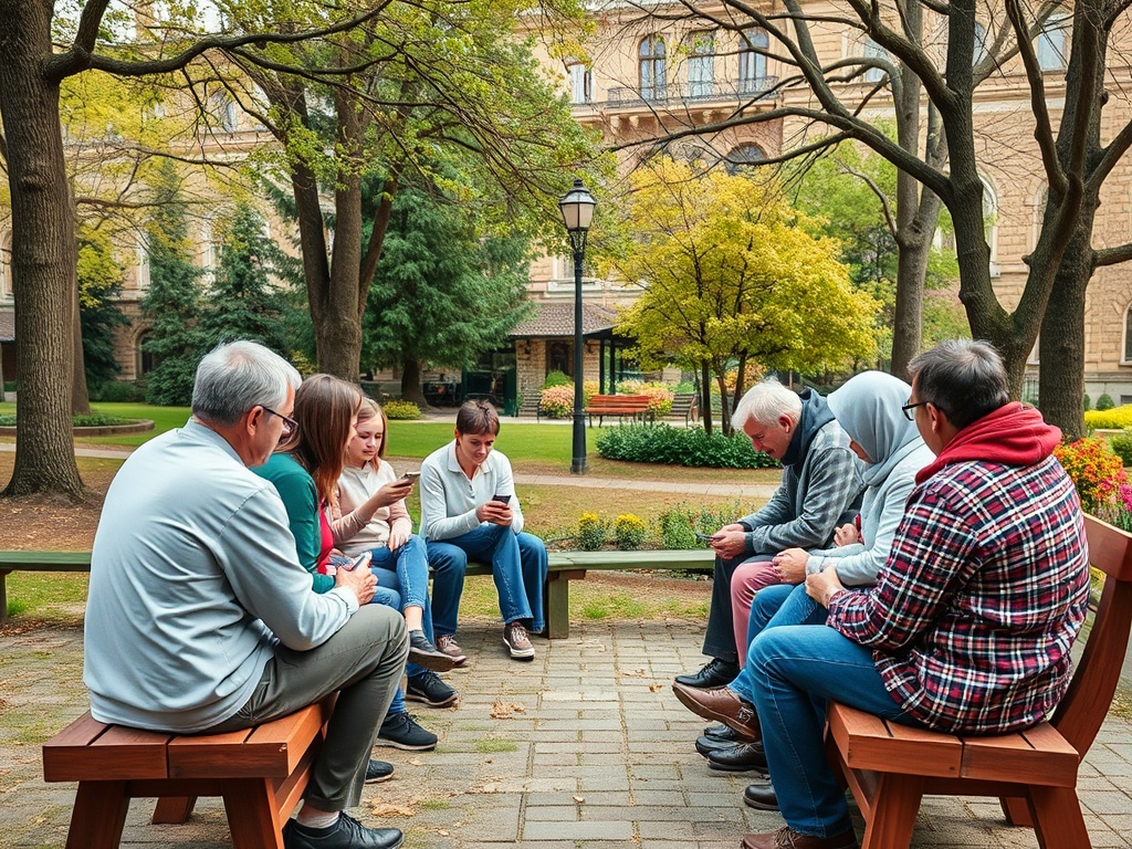 Группа людей сидит на скамейках в парке, общаясь и наслаждаясь моментом среди природы.