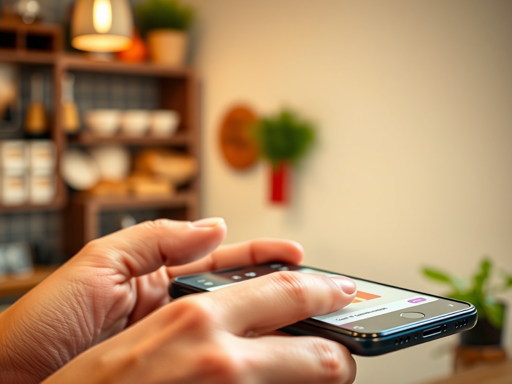 На изображении рука держит смартфон, на экране которого отображается приложение в уютной кухне.