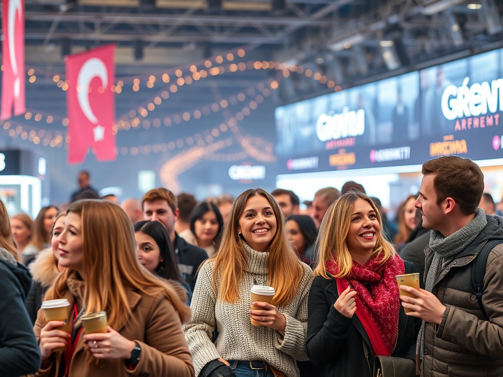 На фотографии многолюдное событие, люди с напитками улыбаются и общаются в праздничной обстановке.