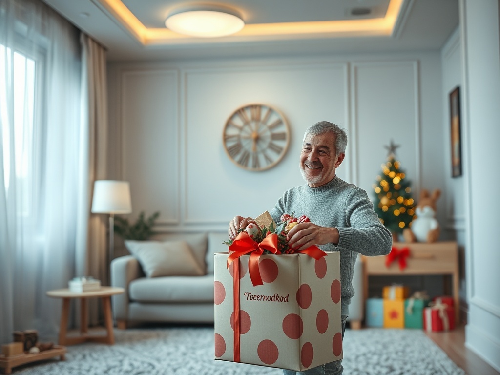 Счастливый мужчина держит подарочную коробку с красным бантом, на заднем фоне рождественская елка.