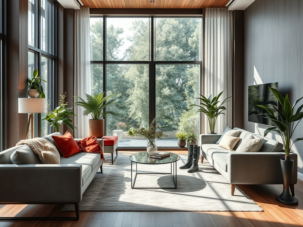 Современный светлый интерьер гостиной с большими окнами и зелеными растениями. Уютный и стильный дизайн.