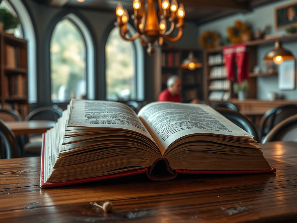 Открытая книга на столе в уютной библиотеке с окнами и полками, заполненными книгами.