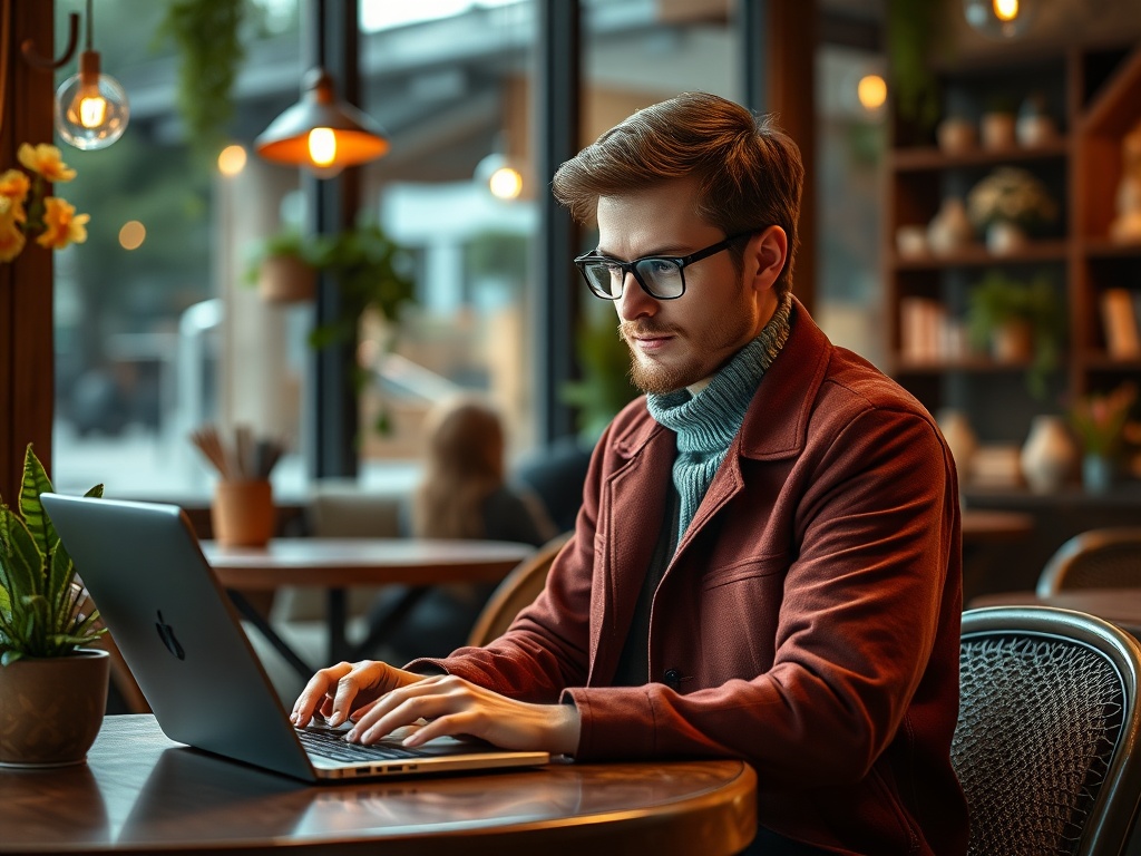 Молодой человек работает за компьютером в уютном кафе с зелеными растениями и мягким освещением.