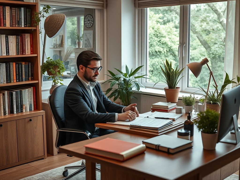 Мужчина в деловом костюме работает за столом в светлом офисе с растениями и книгами на полках.