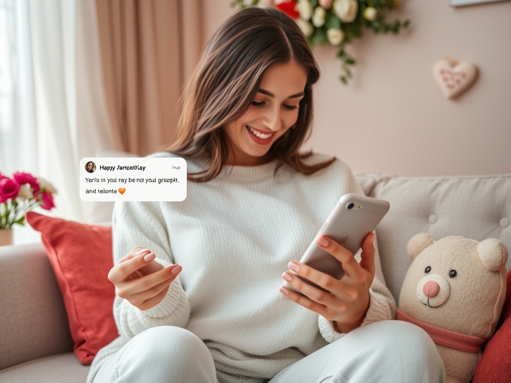 На фото девушка в уютной одежде, улыбается и смотрит на телефон, сидя на диване с мягкой игрушкой.