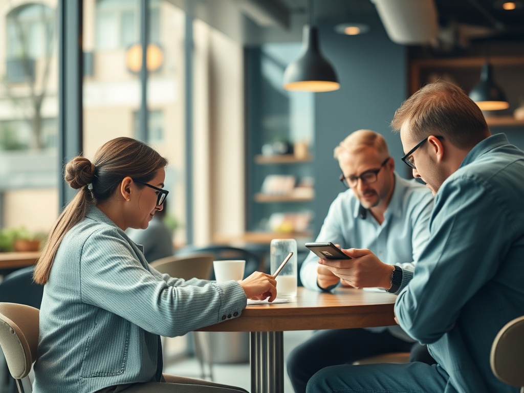 Трое людей работают за столом в кафе, используя телефоны и планшеты, на фоне больших окон.