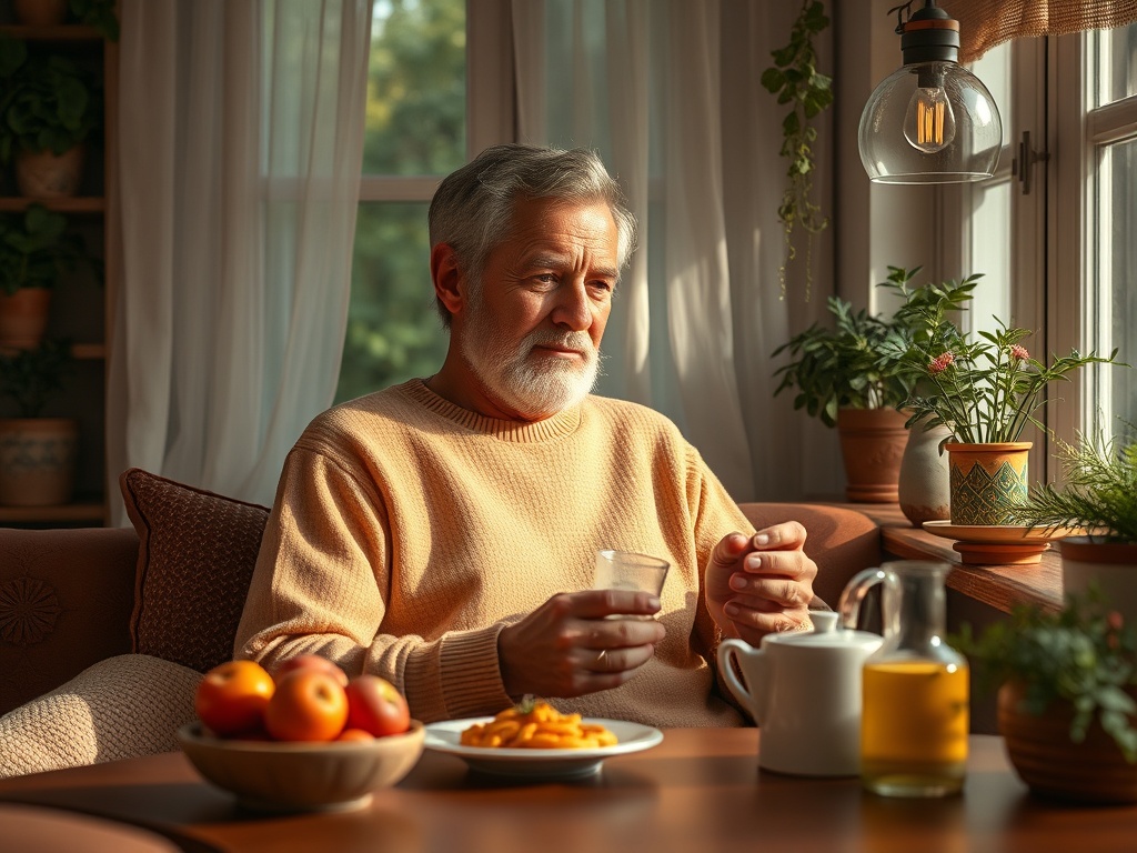 Пожилой мужчина в свитере сидит за столом с едой и напитками, смотрит в окно с задумчивым видом.