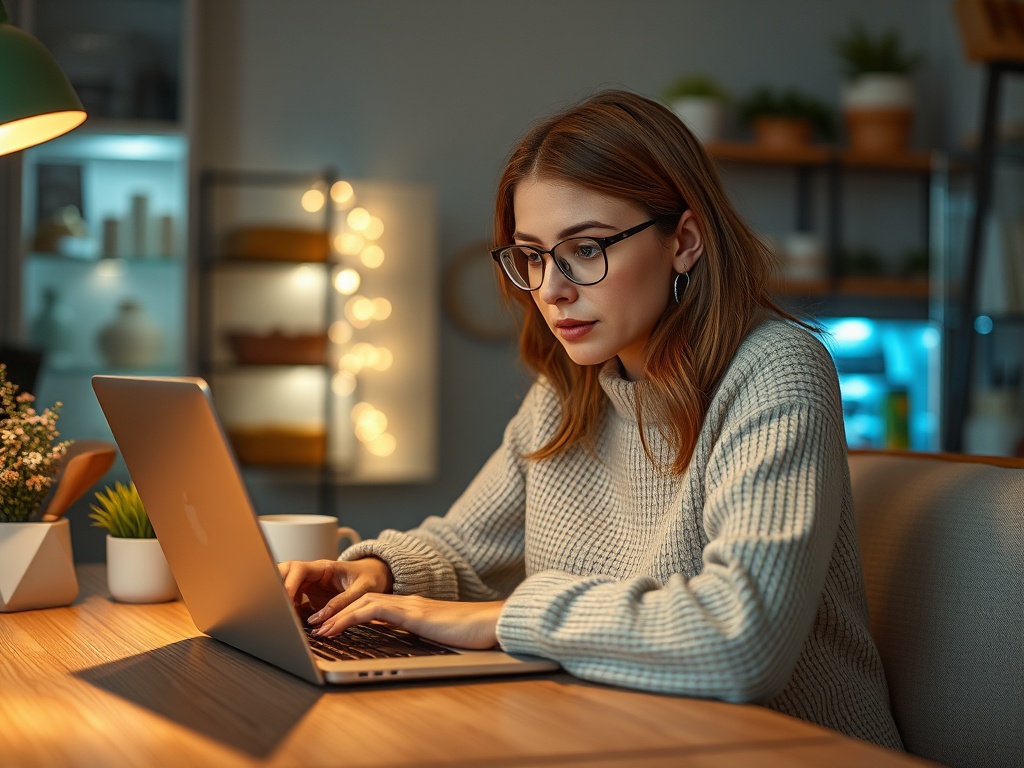 Девушка в очках сидит за столом при мягком освещении, работая за ноутбуком. В комнате есть растения и декор.