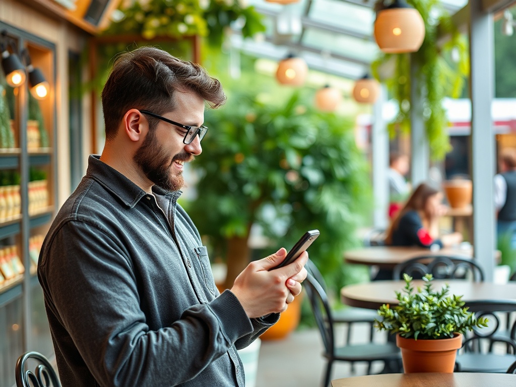 Молодой человек с бородой улыбается, смотря на телефон в уютном кафе с зелеными растениями.