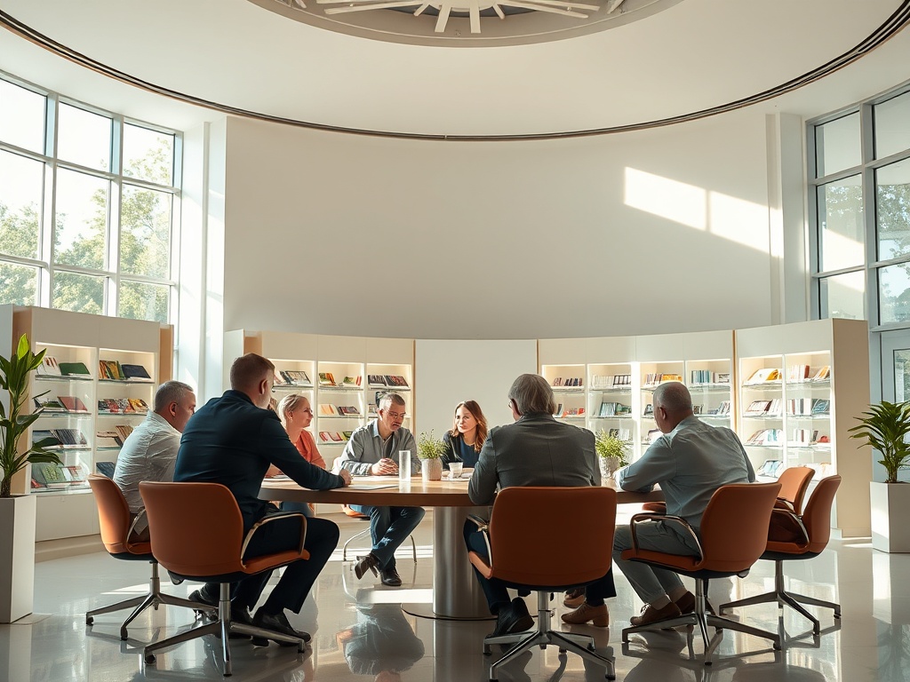 Группа людей обсуждает идеи за круглым столом в светлом помещении с библиотечными полками.