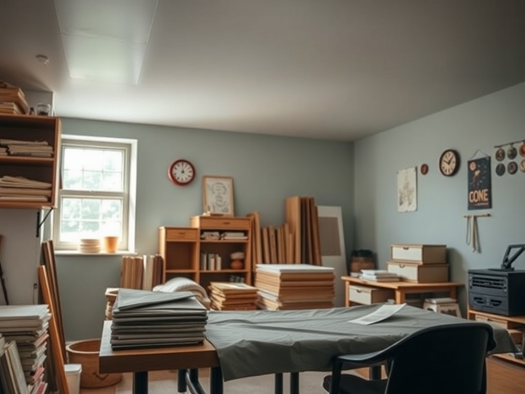 Комната с большим количеством бумаги, столами и стеллажами, освещенная естественным светом из окна.